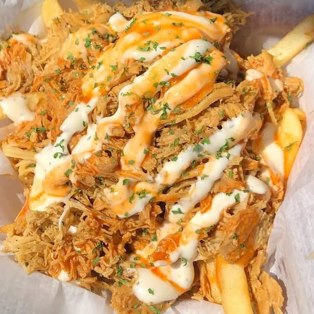 Pulled Chicken Over Fries.